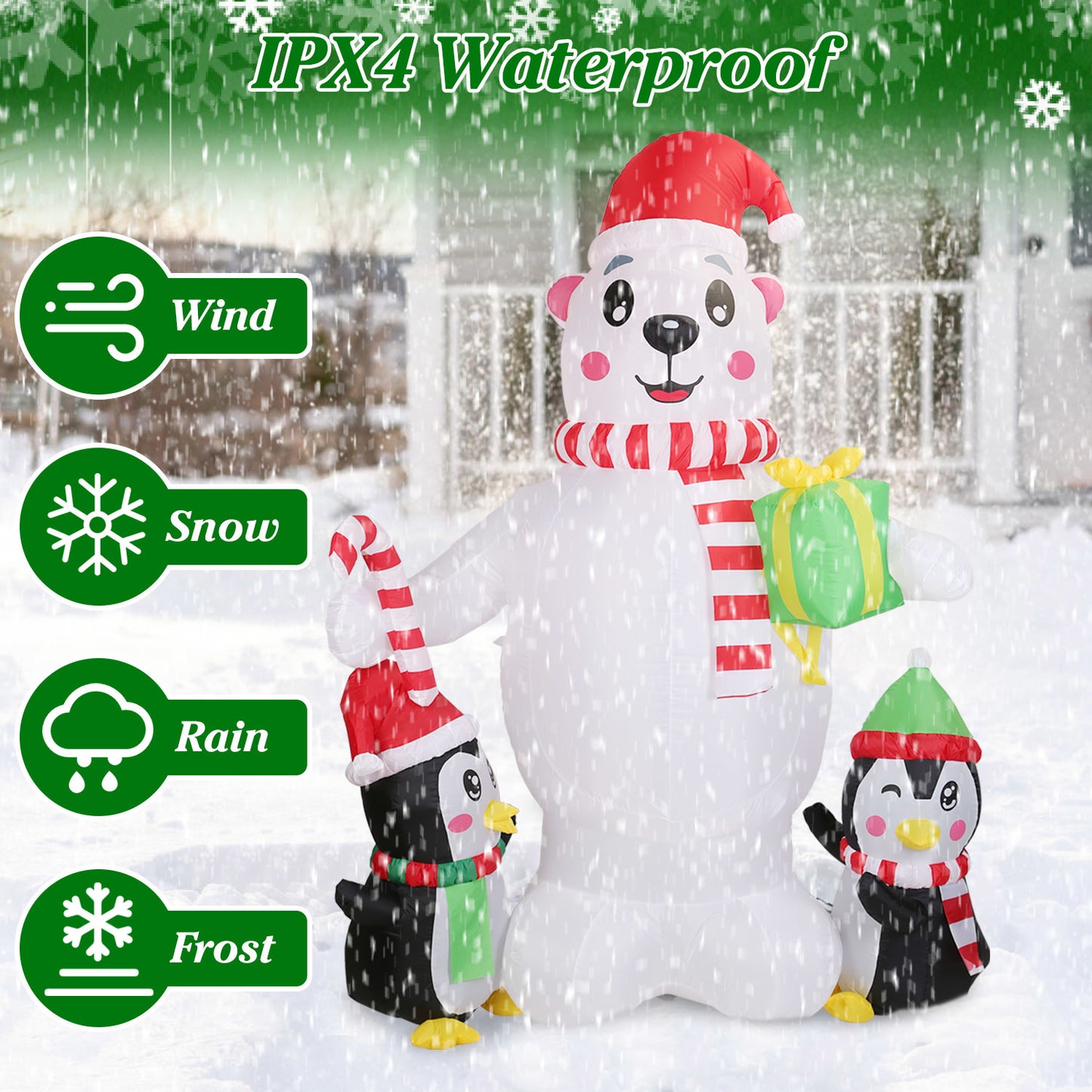 5.9FT Christmas Inflatable Outdoor Decoration - Polar Bear, Gift Box & Penguin with LED Lights