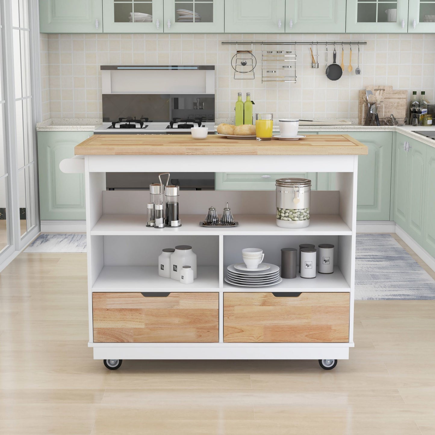 Rolling Kitchen Island with Storage - White, Wood Top, Rubber Wheels