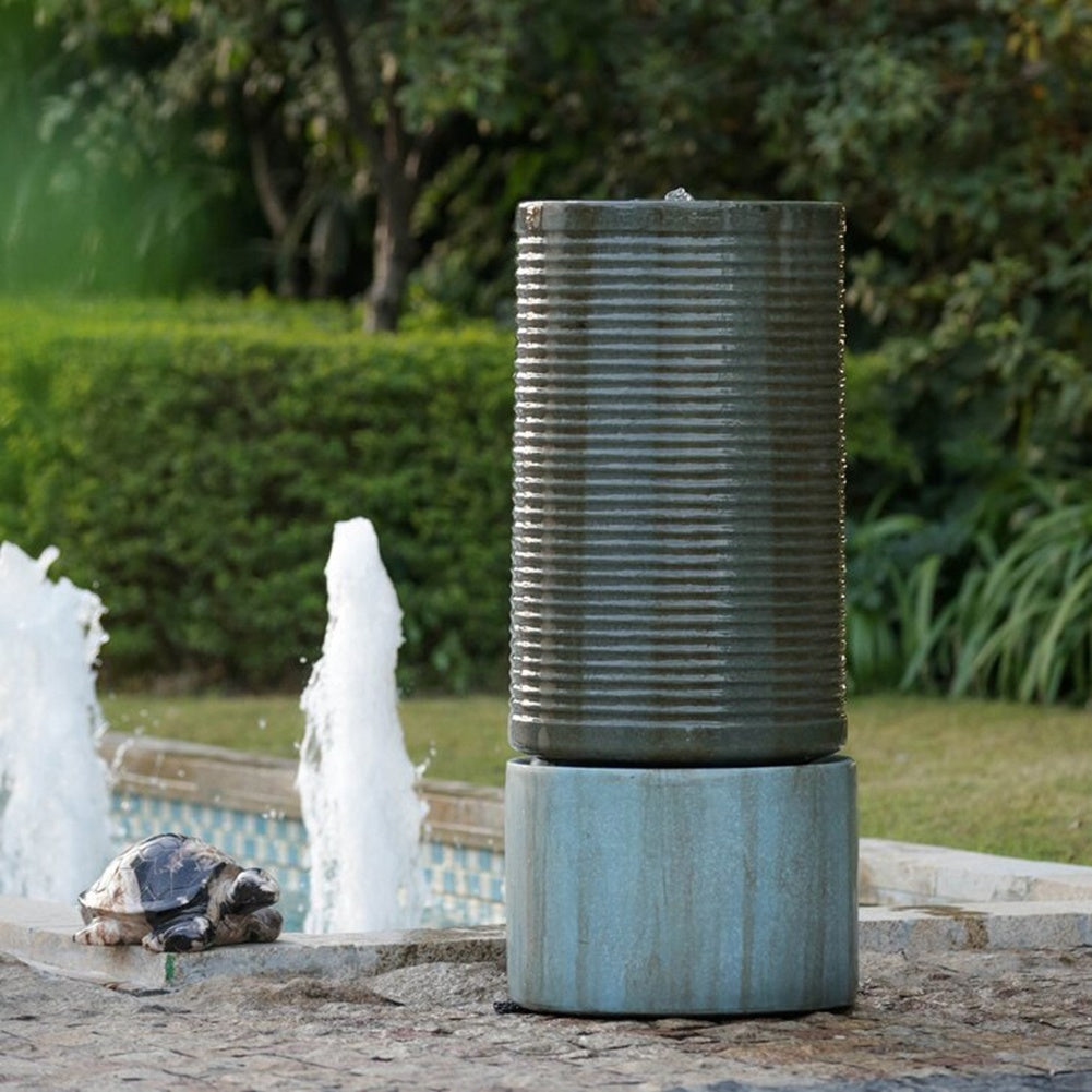Large 44" Tall Round Green Ribbed Tower Water Fountain - Verge Bronze