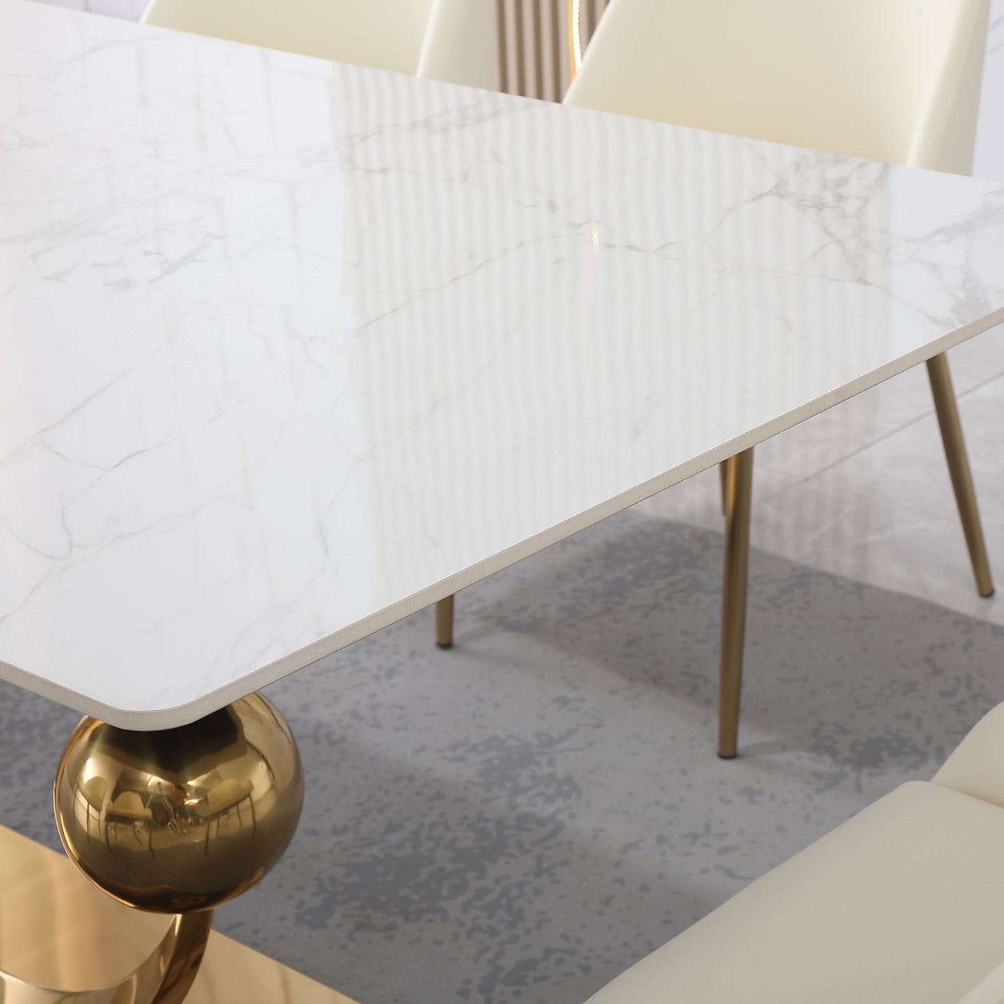 71-Inch Stone Dining Table with Carrara White Color and Round Carbon Steel Pedestal Base, Includes 6 Chairs