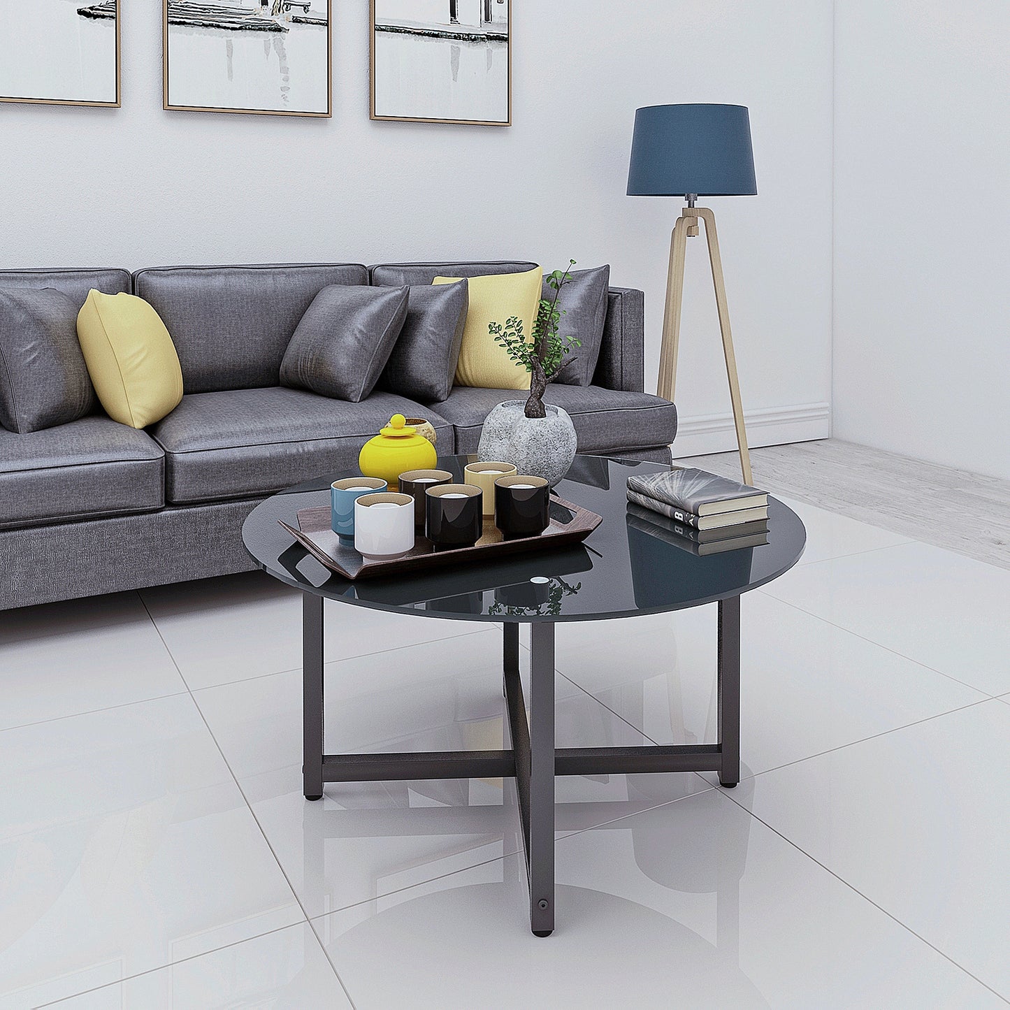 Modern Side Center Table for Living Room - Round Tempered Glass, 220lbs Capacity