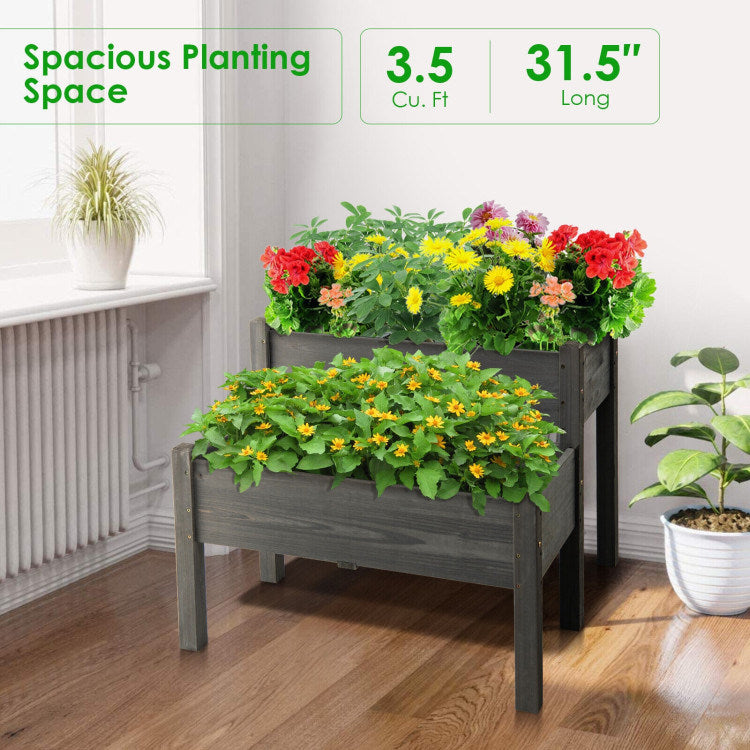 2 Tier Wooden Raised Garden Bed with Legs and Drain Holes