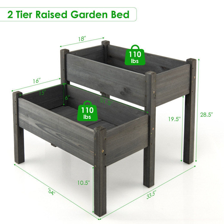 2 Tier Wooden Raised Garden Bed with Legs and Drain Holes