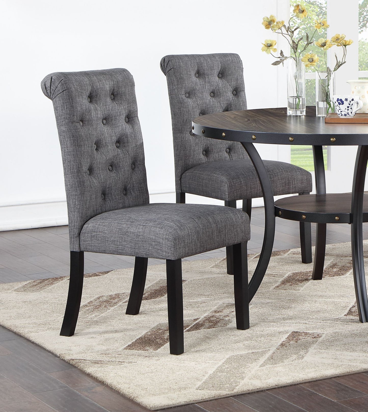 Modern Classic 5pc Dining Set - Natural Wood Round Table & Charcoal Tufted Chairs