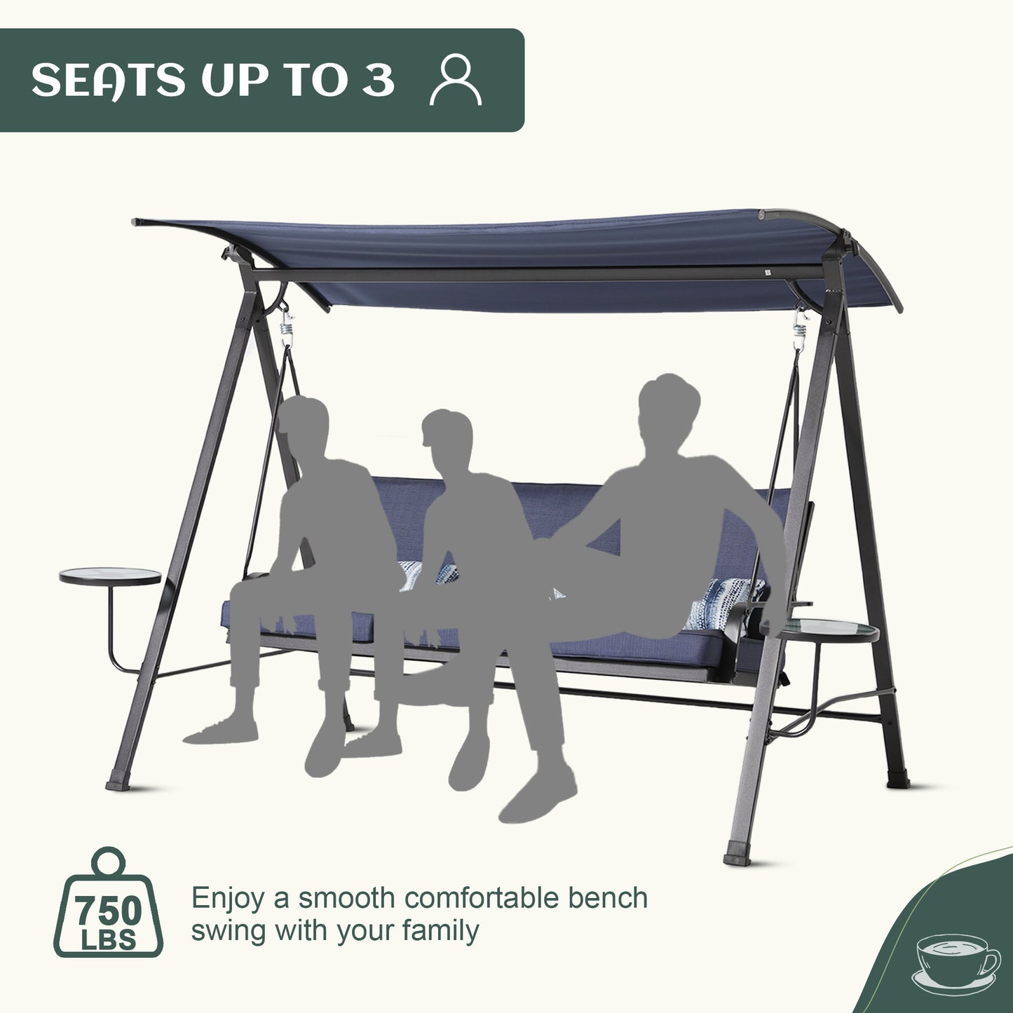 Steel 3-Seater Porch Swing with Canopy - Outdoor Swing Chair