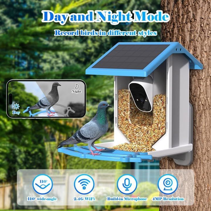 Smart Bird Feeder with Camera - Solar-Powered WiFi 4MP Live Camera