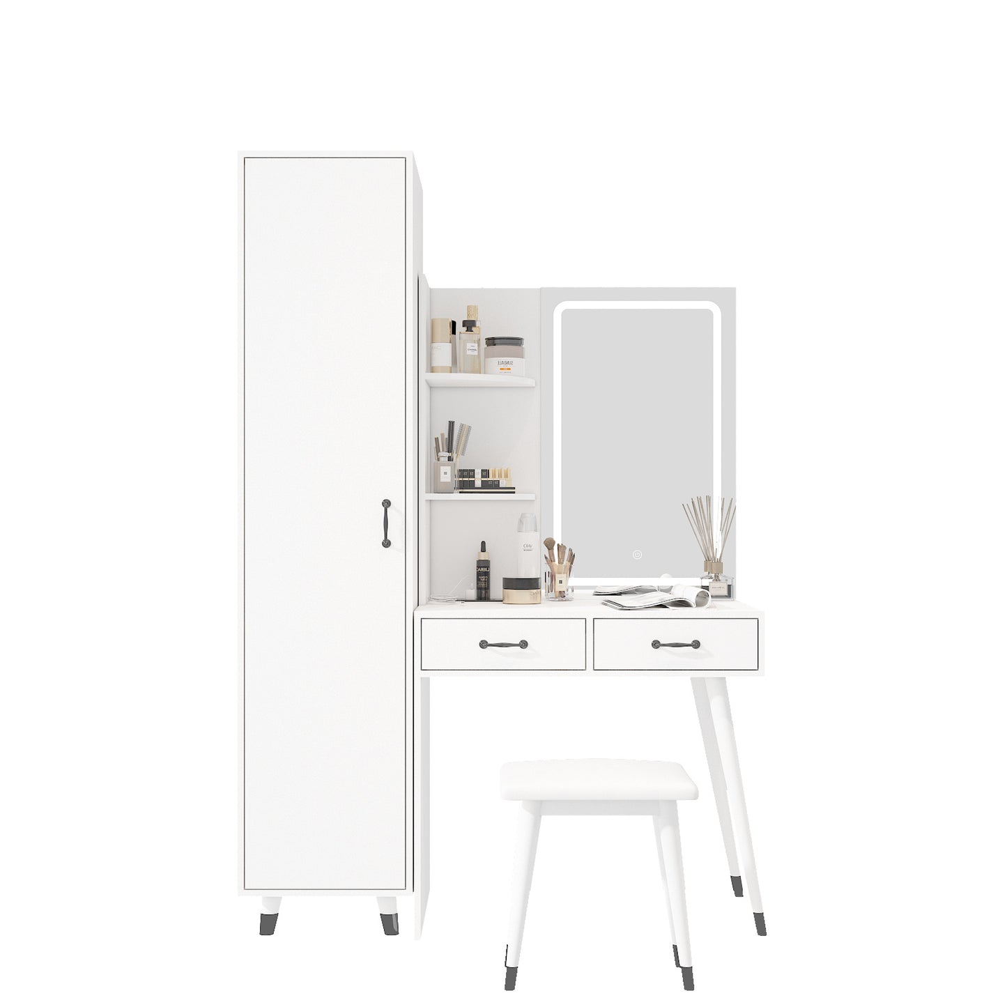 Makeup Vanity Table & Slim Armoire Wardrobe Set - White