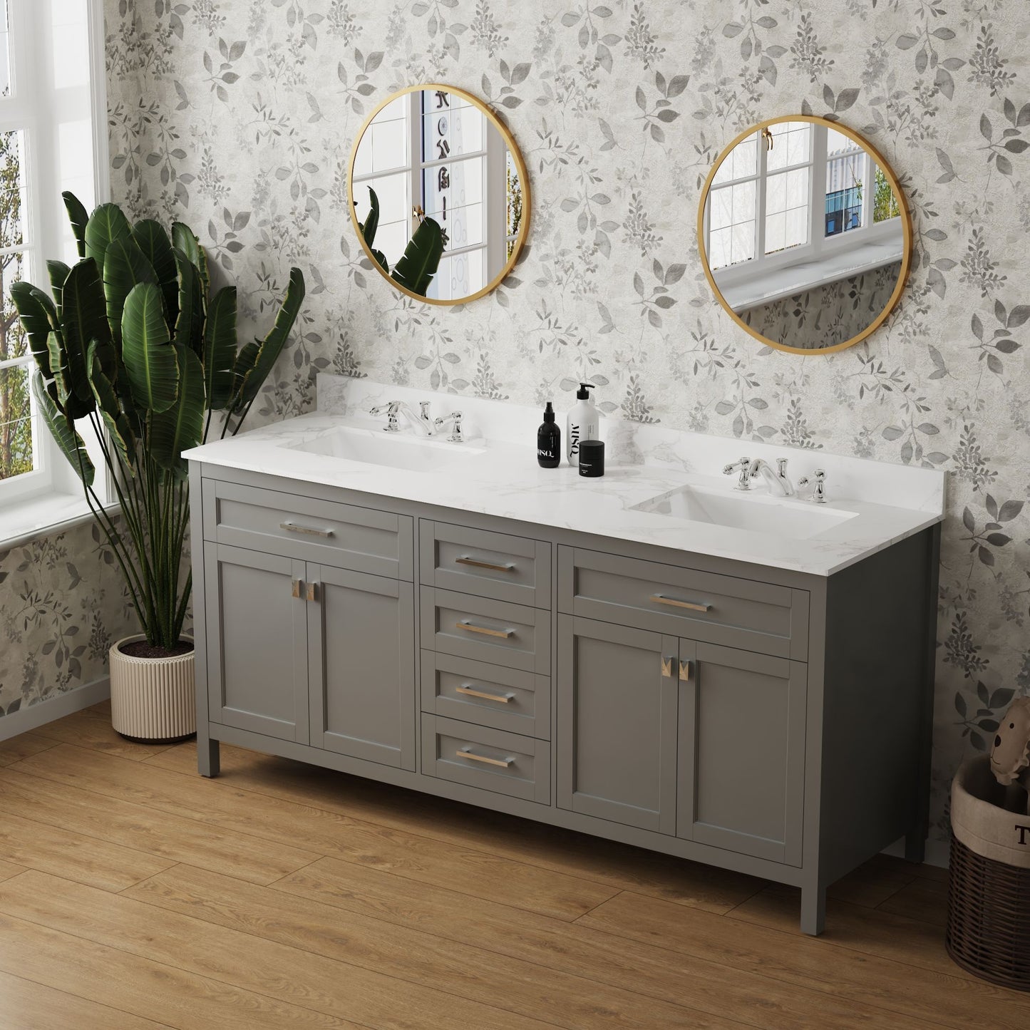 72-Inch Gray Vanity Sink Combo - Marble Countertop & Bathroom Sink Cabinet
