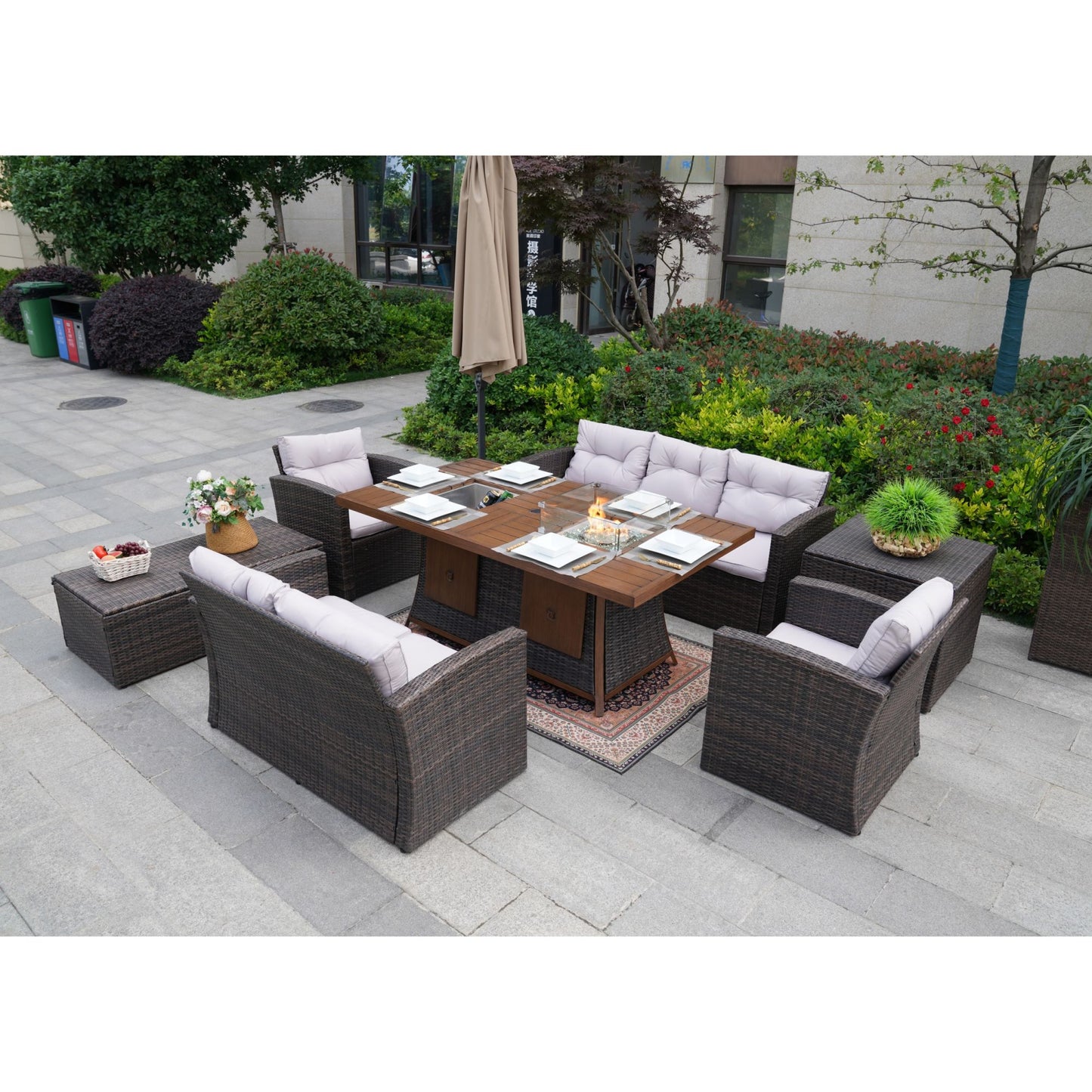 Wicker Outdoor Patio Furniture Set with Rectangular Fire Pit Table