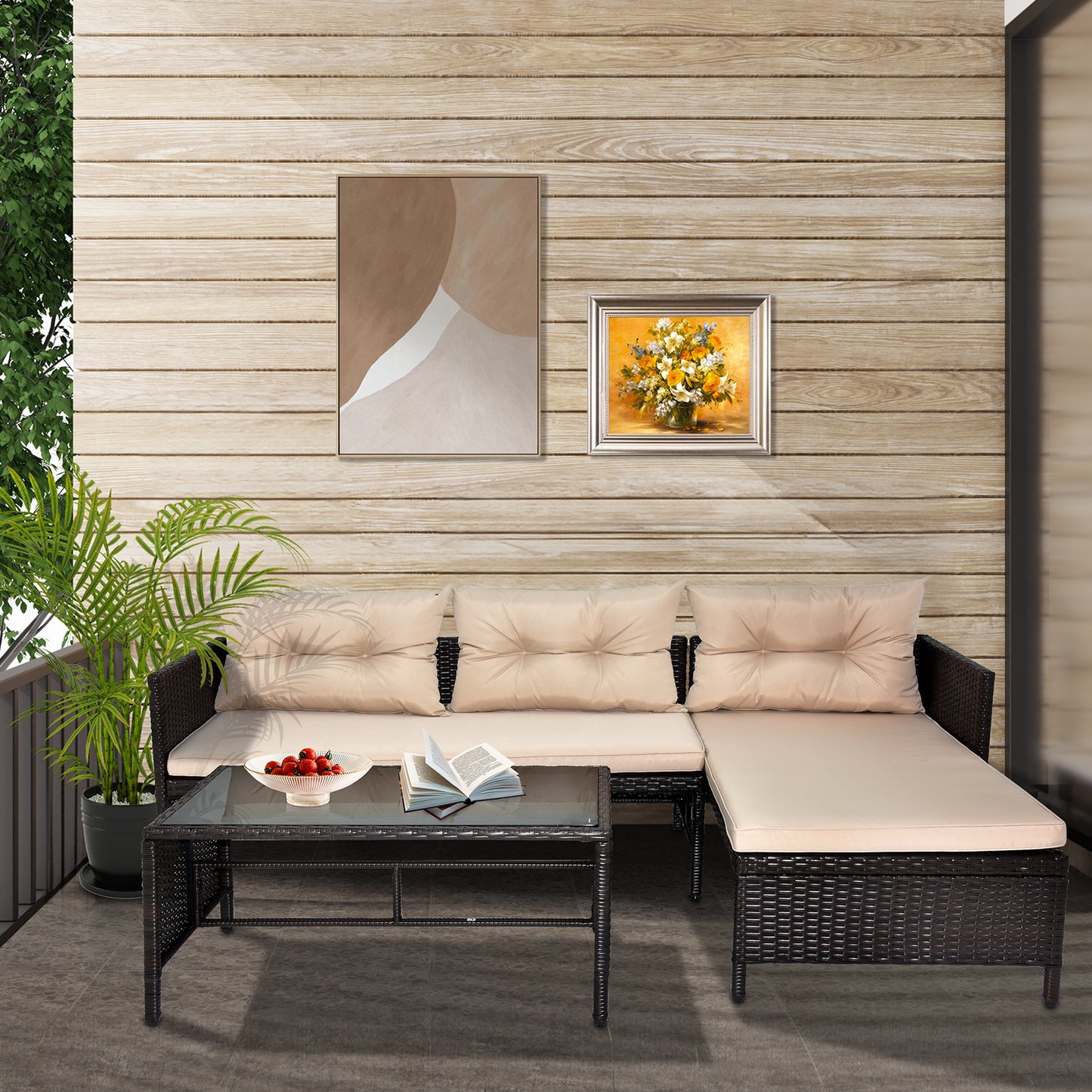 3-Piece Outdoor PE Rattan Furniture Set - Patio Black Wicker Loveseat Sofa