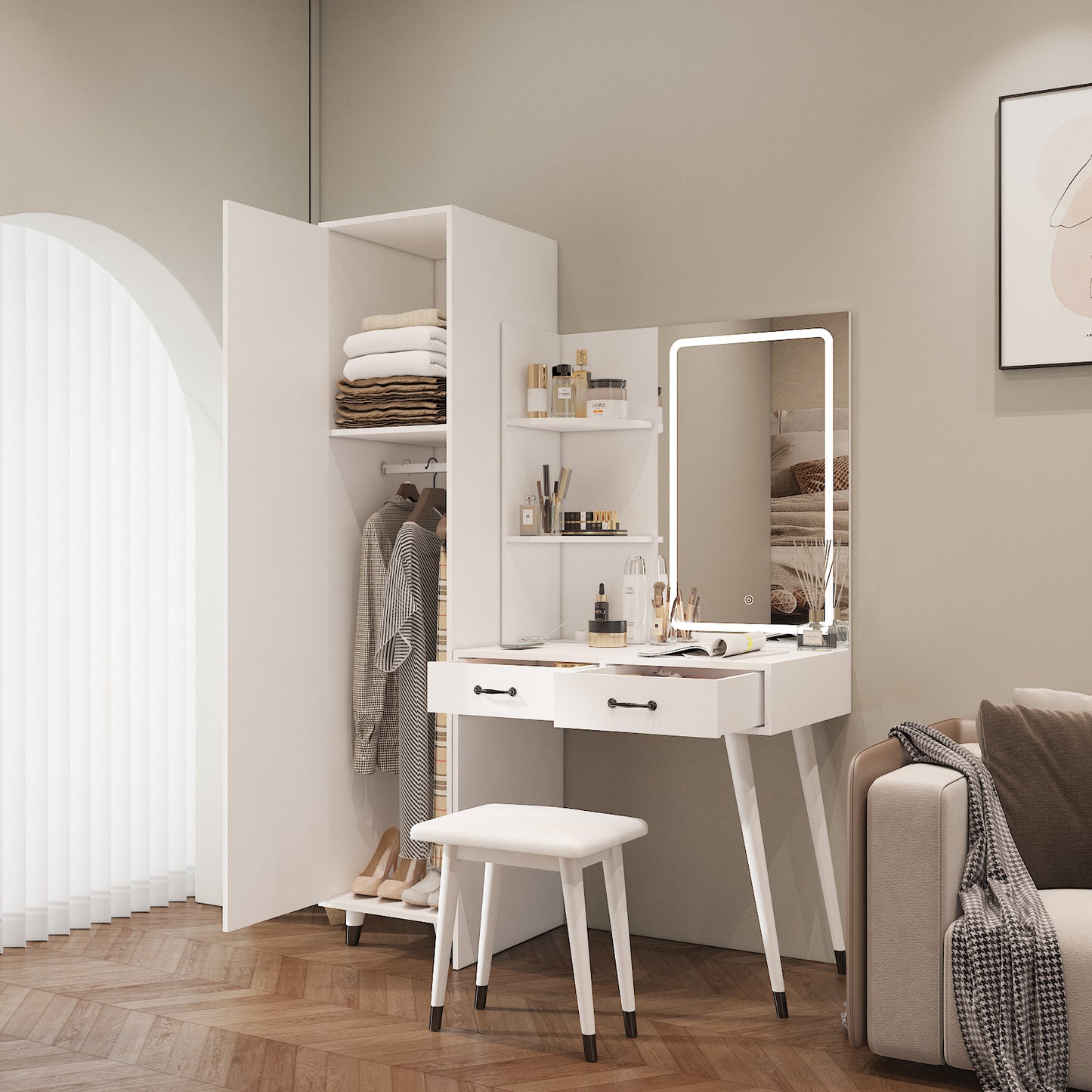 Makeup Vanity Table & Slim Armoire Wardrobe Set - White