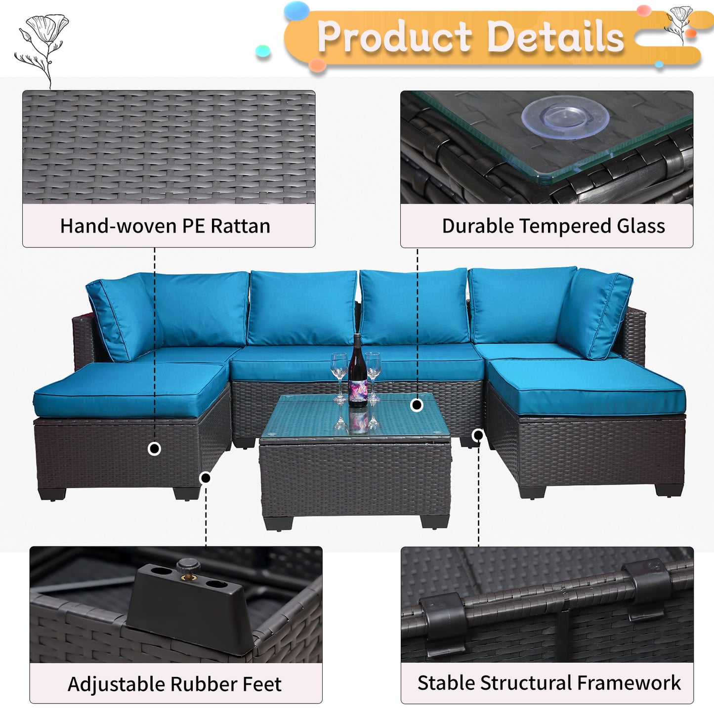 7-Piece Outdoor Garden Patio Furniture - PE Rattan Wicker Sofa Set & Coffee Table