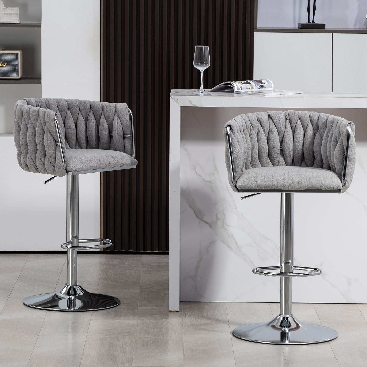 360° Swivel Fabric Bar Stools Set of 2 - Adjustable Counter Height Chairs with Woven Back & Footrest, Gray