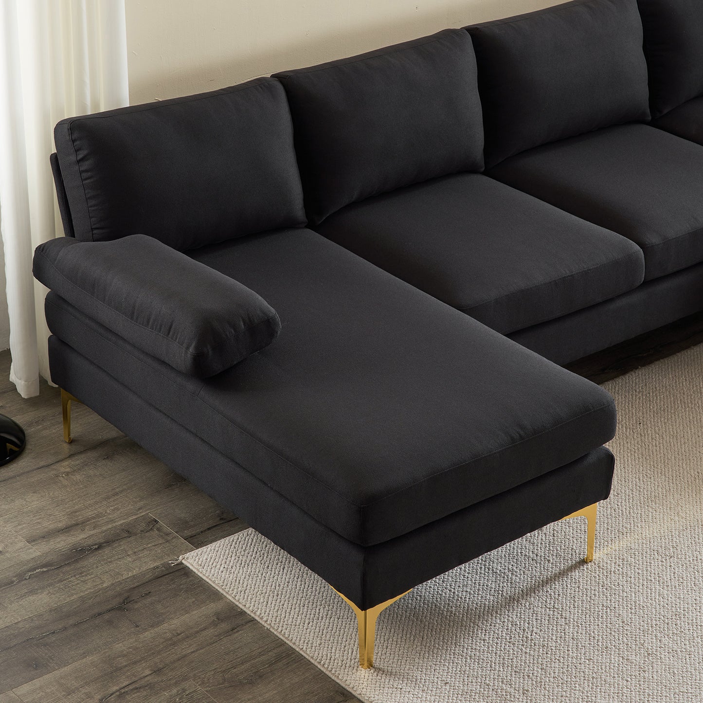 U-Shaped 4-Seat Modular Sofa - Black Linen with Golden Feet