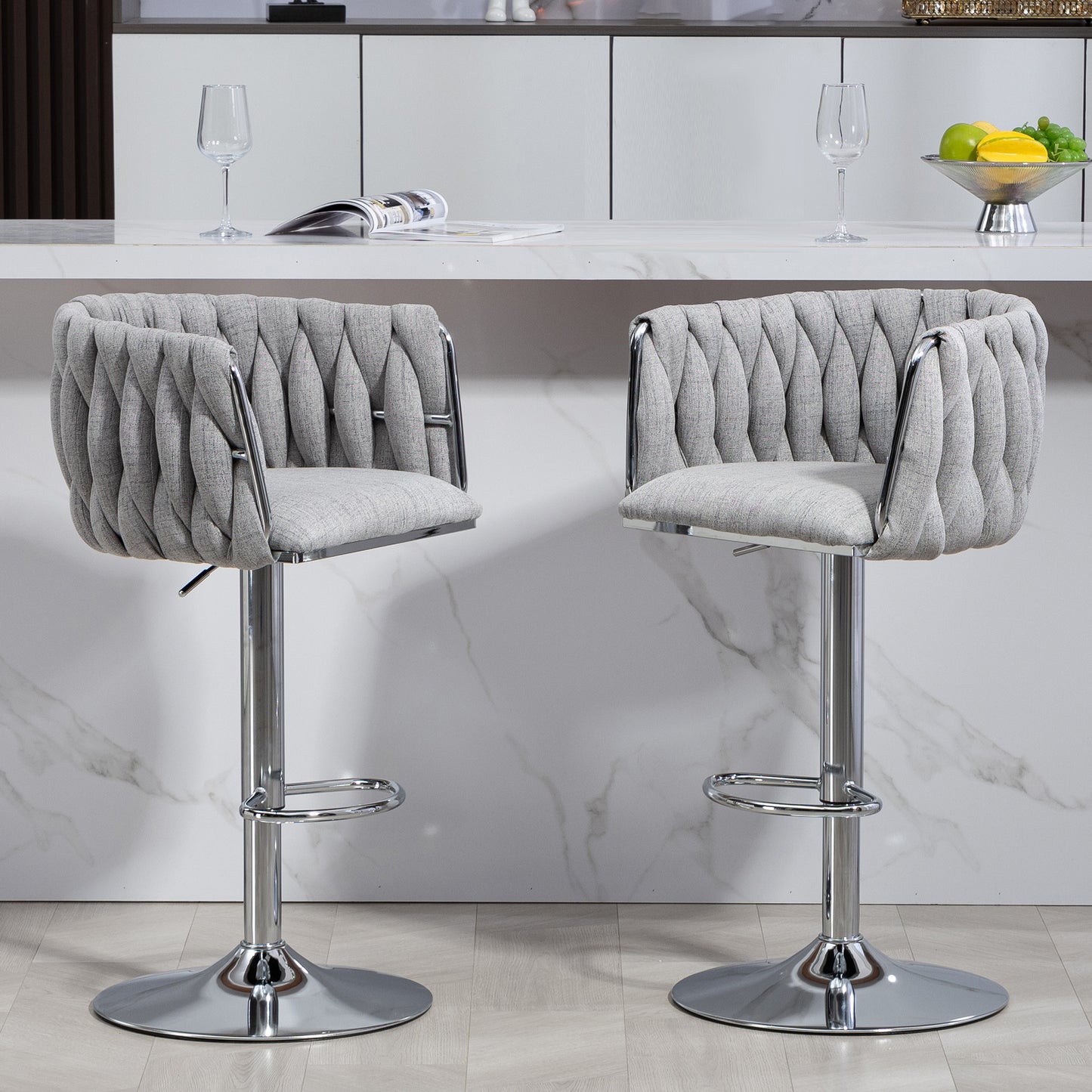 360° Swivel Fabric Bar Stools Set of 2 - Adjustable Counter Height Chairs with Woven Back & Footrest, Gray
