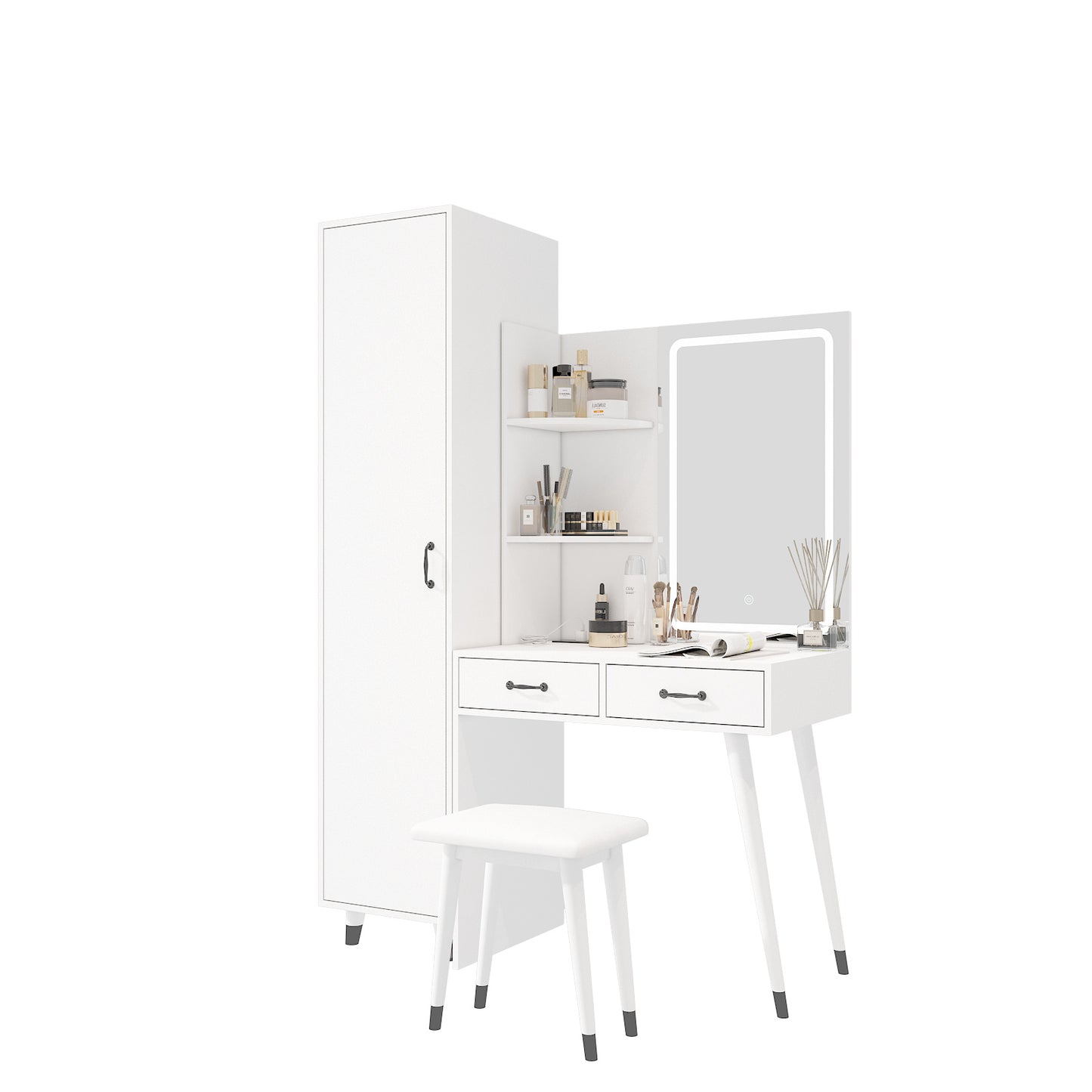 Makeup Vanity Table & Slim Armoire Wardrobe Set - White