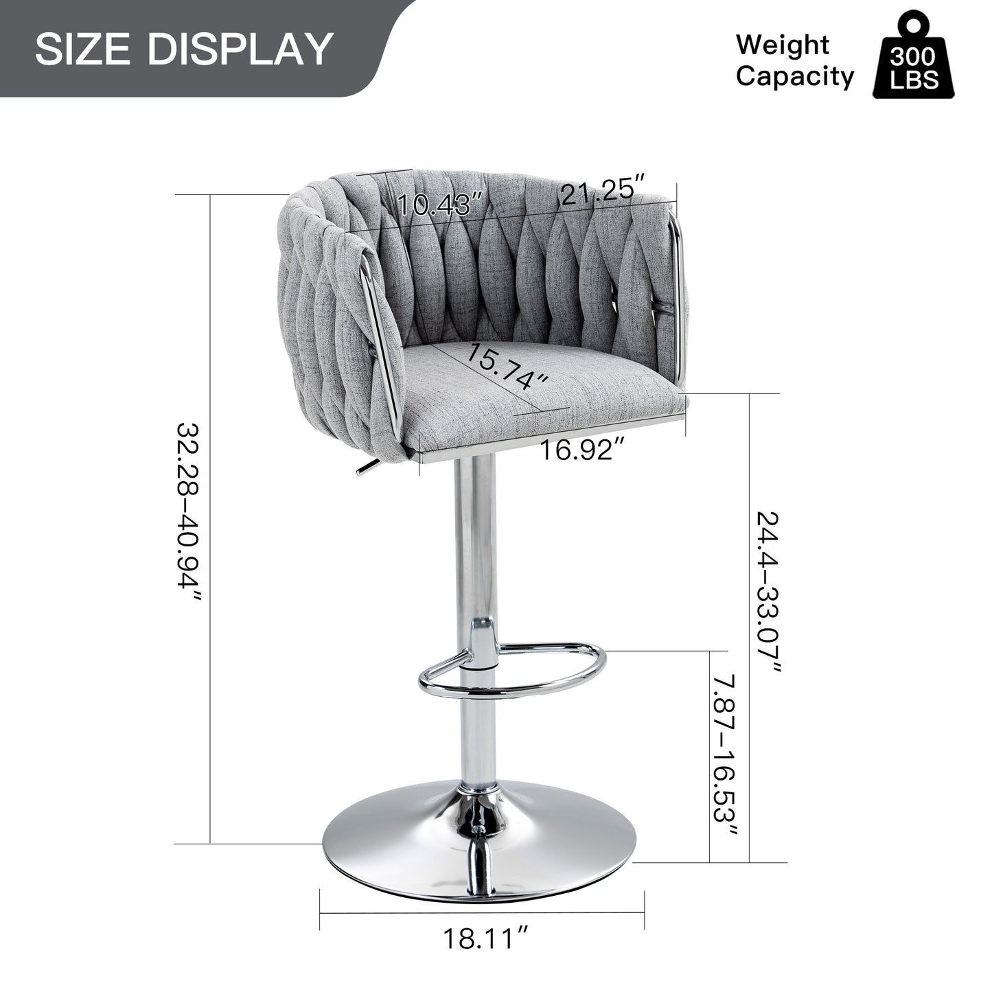 360° Swivel Fabric Bar Stools Set of 2 - Adjustable Counter Height Chairs with Woven Back & Footrest, Gray