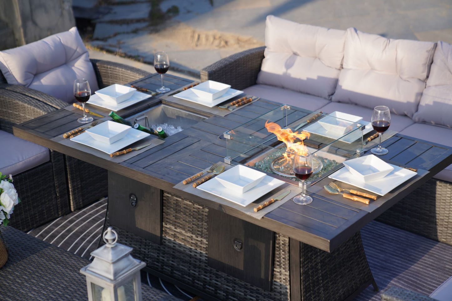 Wicker Outdoor Patio Furniture Set with Rectangular Fire Pit Table