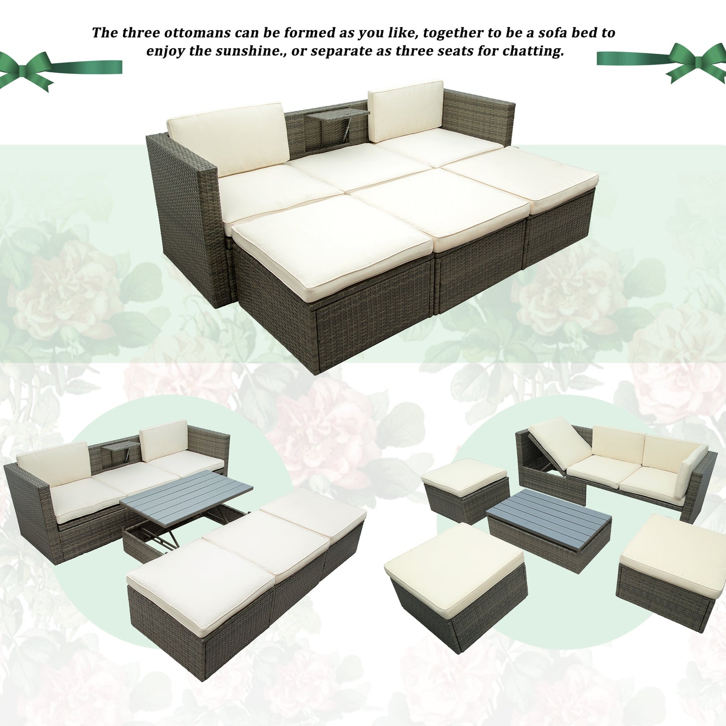 5-Piece Patio Wicker Furniture Set - Sofa, Ottomans & Lift Top Table