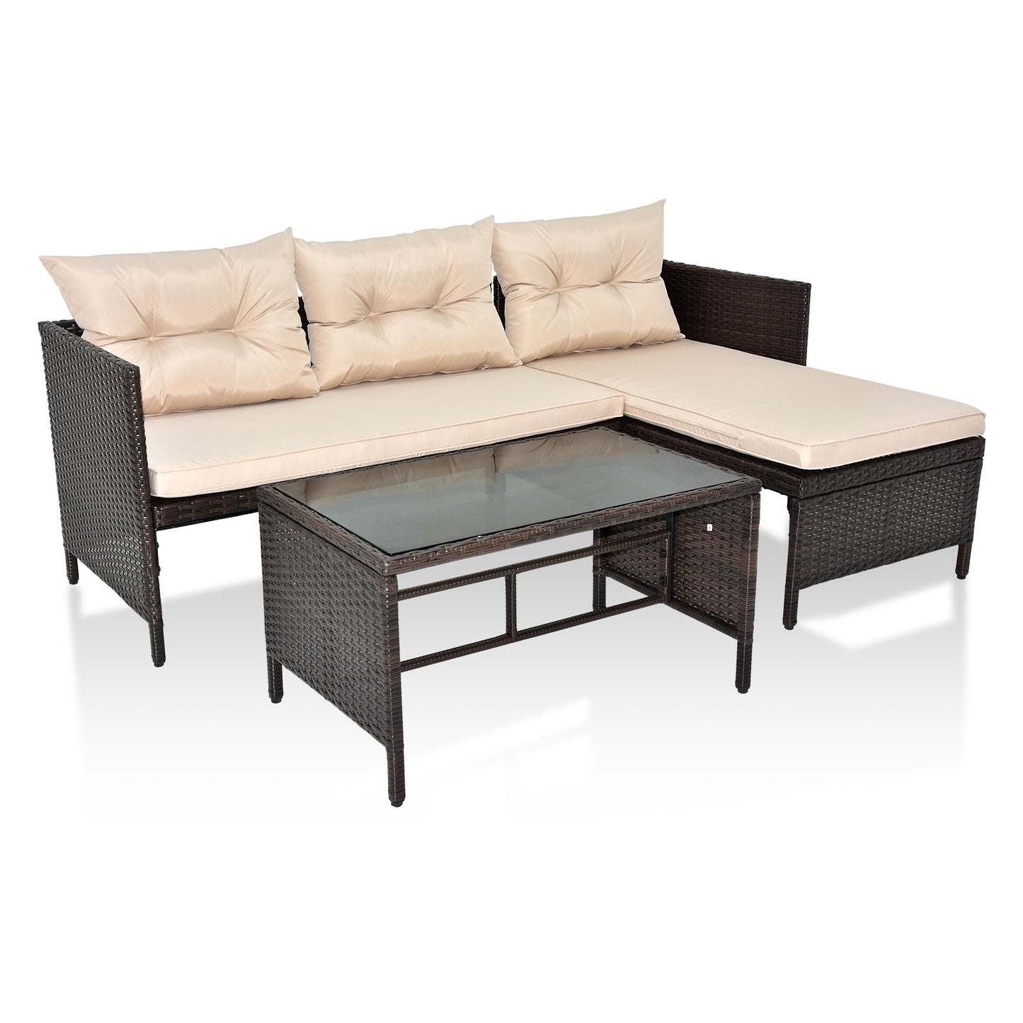 3-Piece Outdoor PE Rattan Furniture Set - Patio Black Wicker Loveseat Sofa