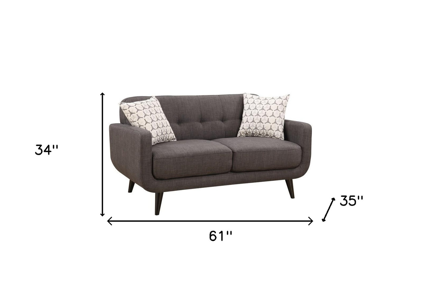 61" Charcoal And Black Loveseat and Toss Pillows