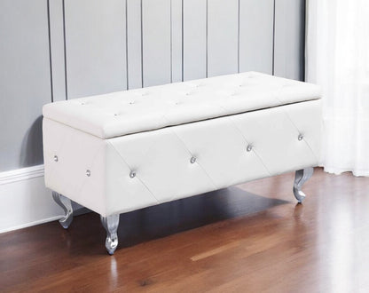 38" White and Silver Faux Leather Storage Bench With Flip Top