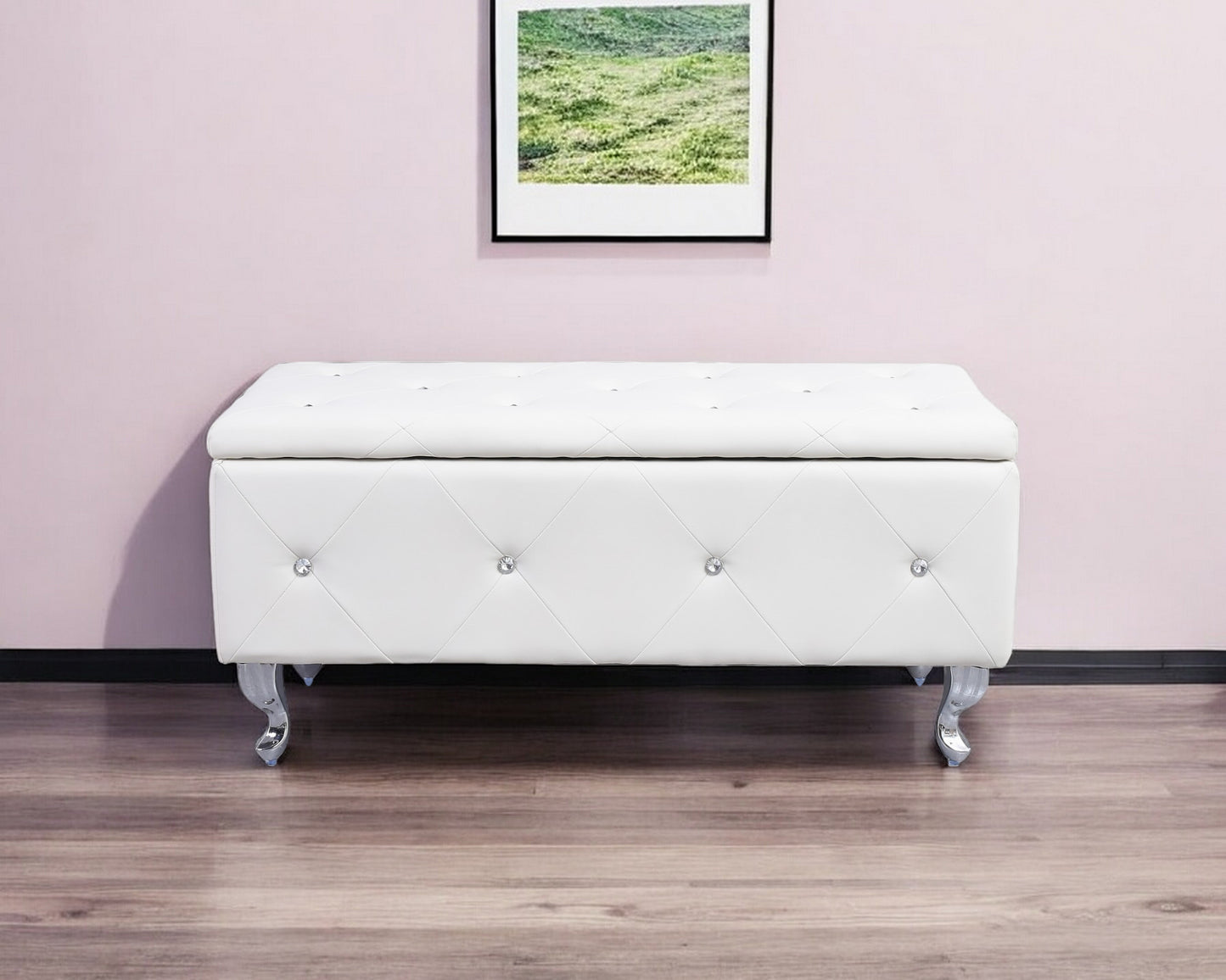 38" White and Silver Faux Leather Storage Bench With Flip Top