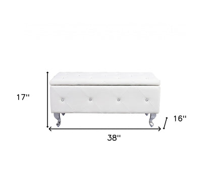 38" White and Silver Faux Leather Storage Bench With Flip Top