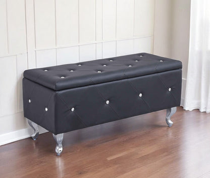 38" Black and Silver Faux Leather Storage Bench With Flip Top