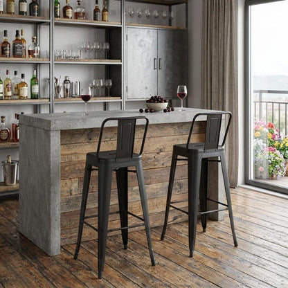 Set of Two 30 " Black Iron Low Back Bar Height Bar Chairs