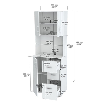 White Finish Wood High Low Full Size Microwave Cabinet