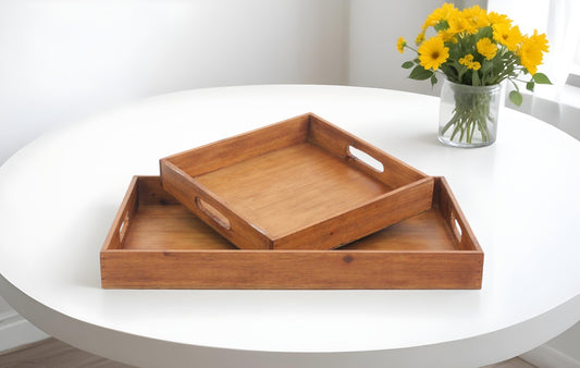 Set of Two Brown Wood Serving Tray