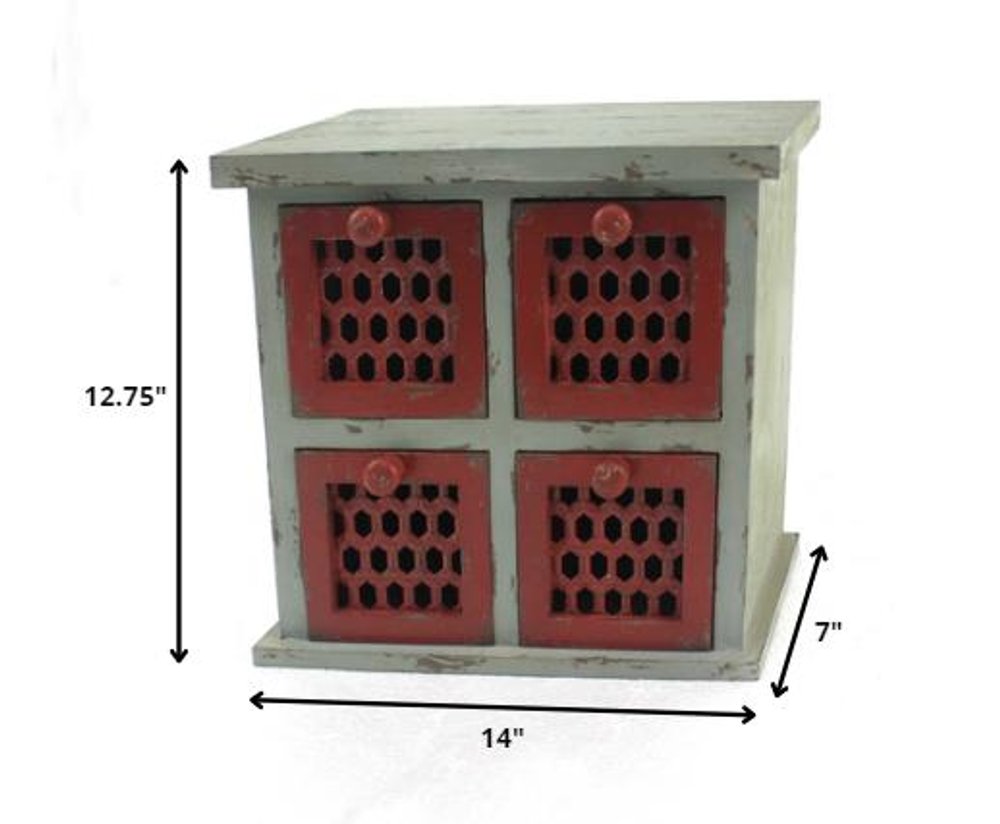 14" Red And White Distressed Wood Four Drawer Desk Organizer