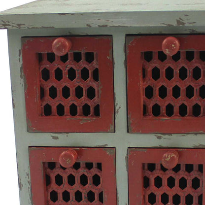 14" Red And White Distressed Wood Four Drawer Desk Organizer