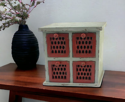 14" Red And White Distressed Wood Four Drawer Desk Organizer