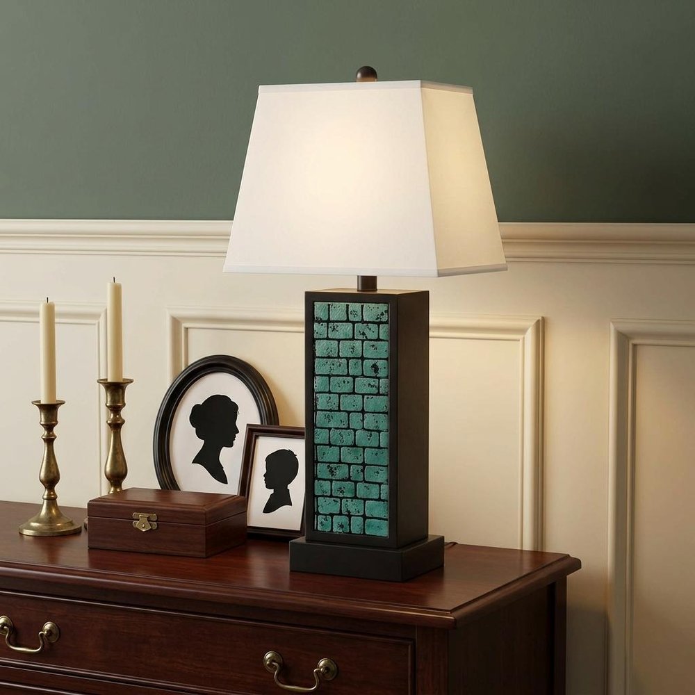 31" Black Metal Bedside Lamp With White Empire Shade