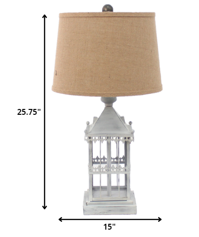 26" Gray Metal Table Lamp With Brown Drum Shade