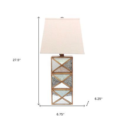 28" Distressed Gold And Silver Metal Bedside Lamp With Beige Shade