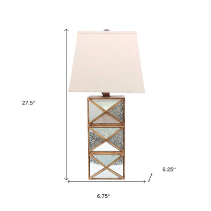 28" Distressed Gold And Silver Metal Bedside Lamp With Beige Shade