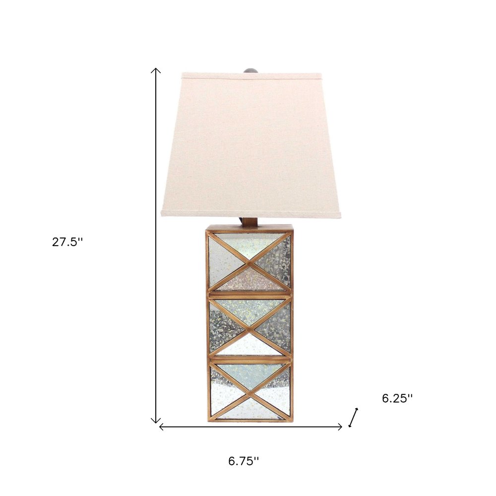 28" Distressed Gold And Silver Metal Bedside Lamp With Beige Shade