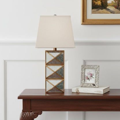 28" Distressed Gold And Silver Metal Bedside Lamp With Beige Shade