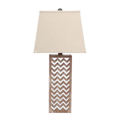 28" Distressed Natural And Silver Metal Bedside Lamp With Beige Cone Shade