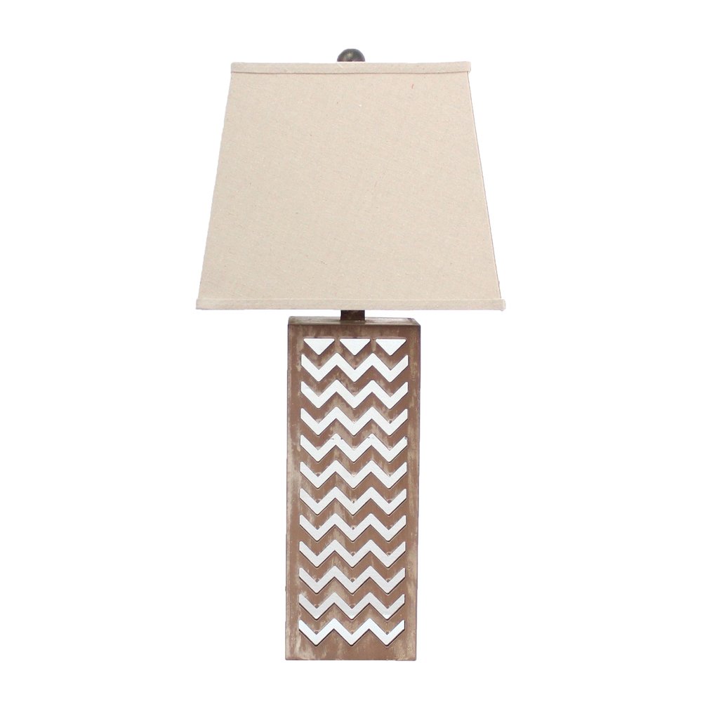 28" Distressed Natural And Silver Metal Bedside Lamp With Beige Cone Shade