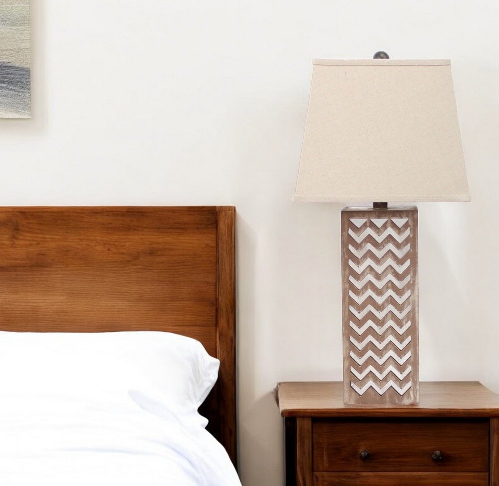 28" Distressed Natural And Silver Metal Bedside Lamp With Beige Cone Shade