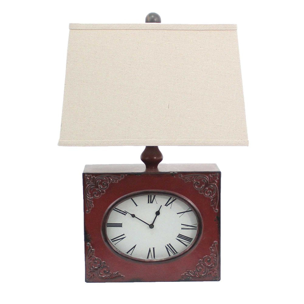 22" Distressed Red Metal Bedside Lamp With Beige Shade