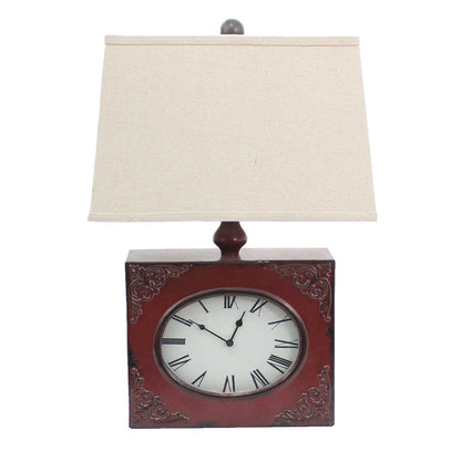 22" Distressed Red Metal Bedside Lamp With Beige Shade