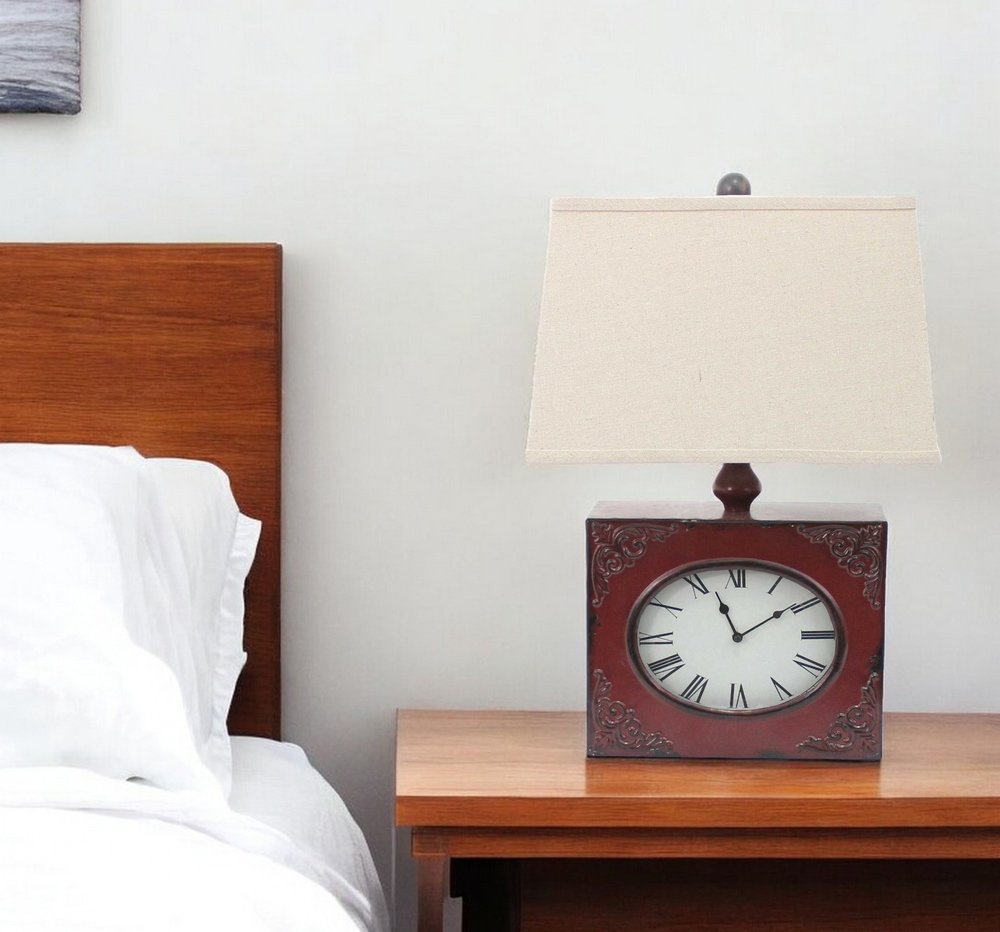 22" Distressed Red Metal Bedside Lamp With Beige Shade