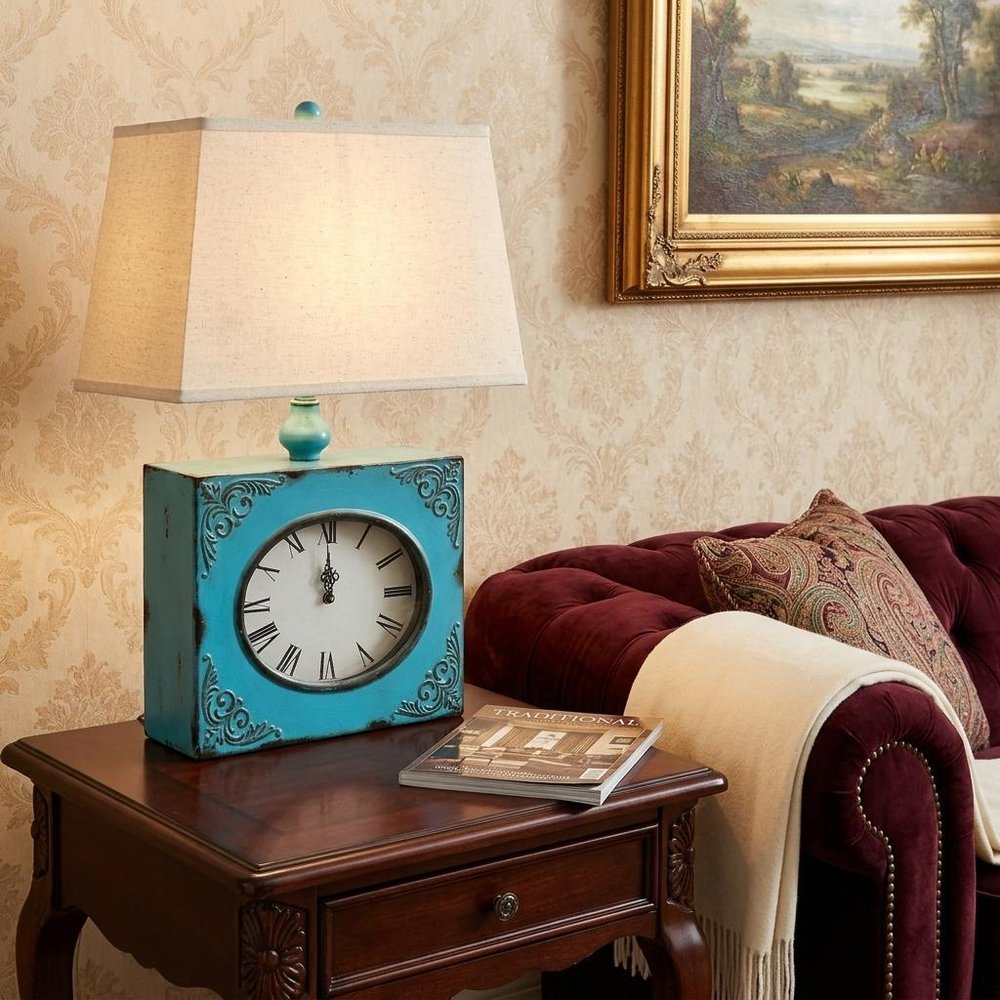 22" Distressed Red Metal Bedside Lamp With Beige Shade