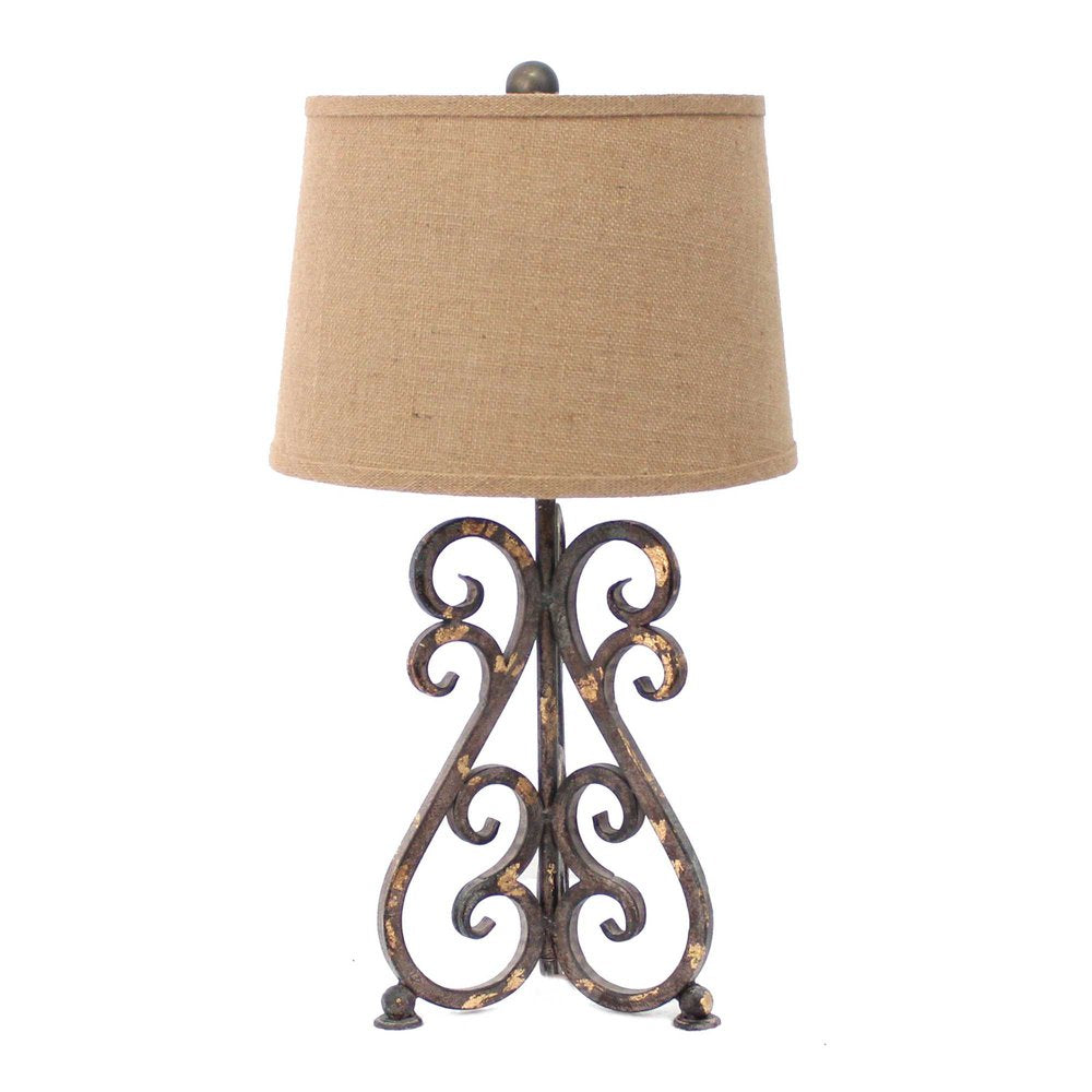 24" Distressed Bronze Metal Novelty Bedside Lamp With Khaki Drum Shade
