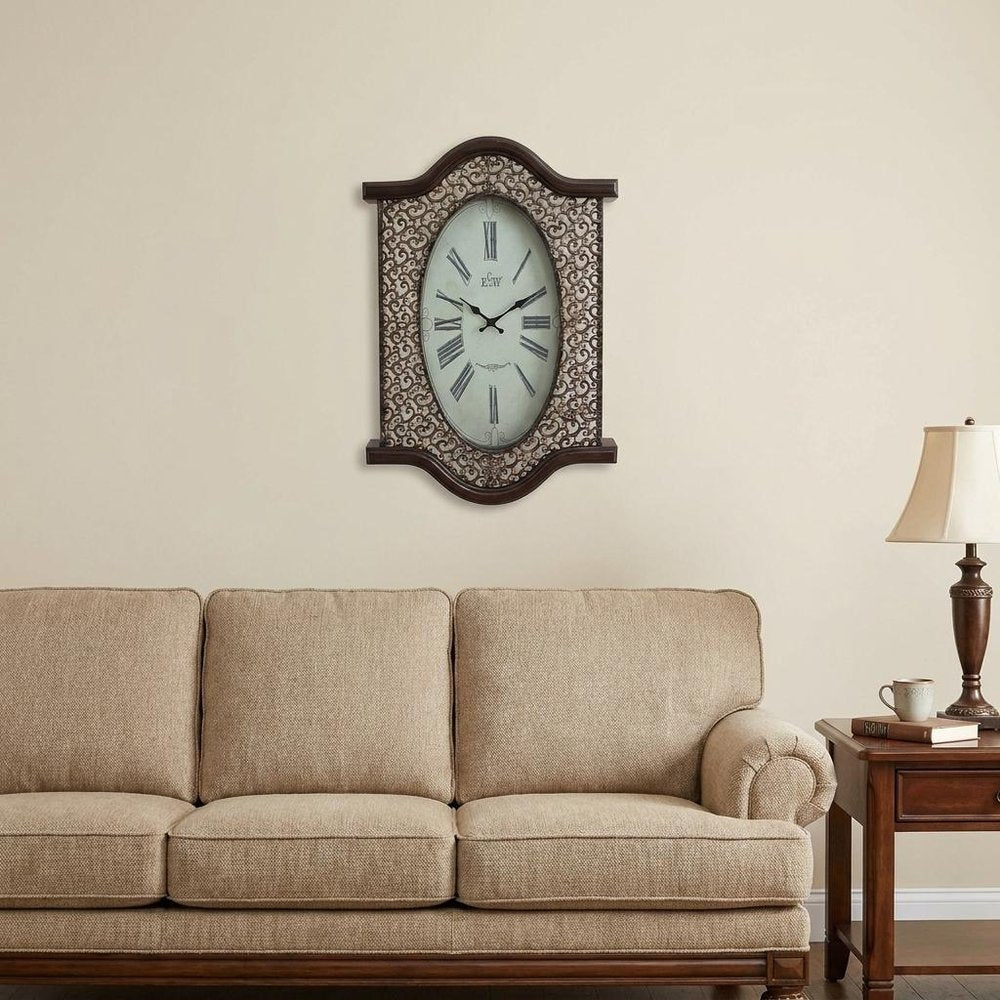 20" Oval Antiqued Bronze Wood and Glass Analog Wall Clock
